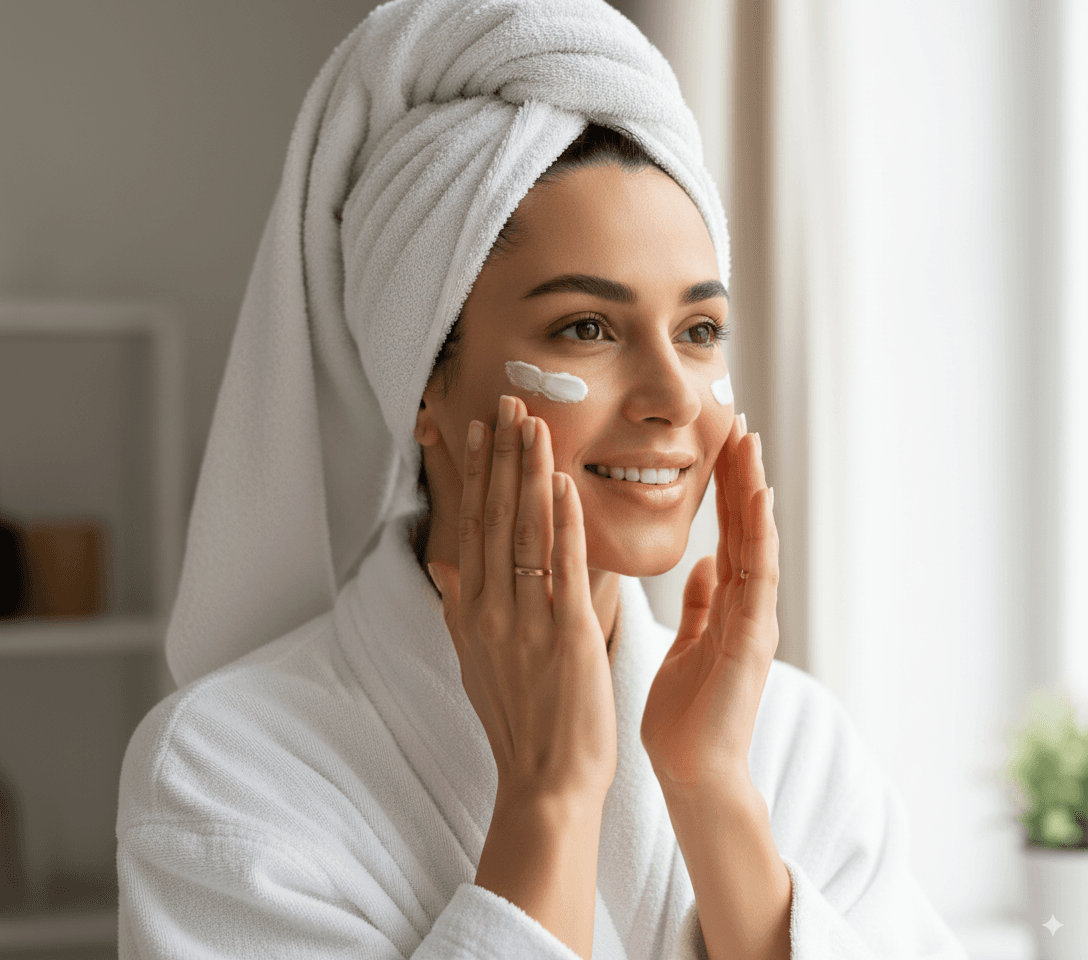 Woman applying skincare product